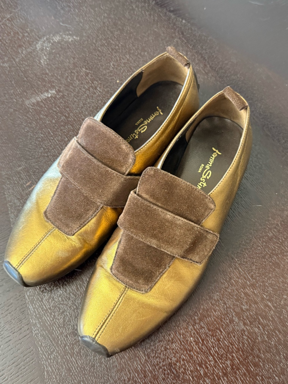 Vintage Metallic Gold Slip-On Loafers with Brown Suede Strap